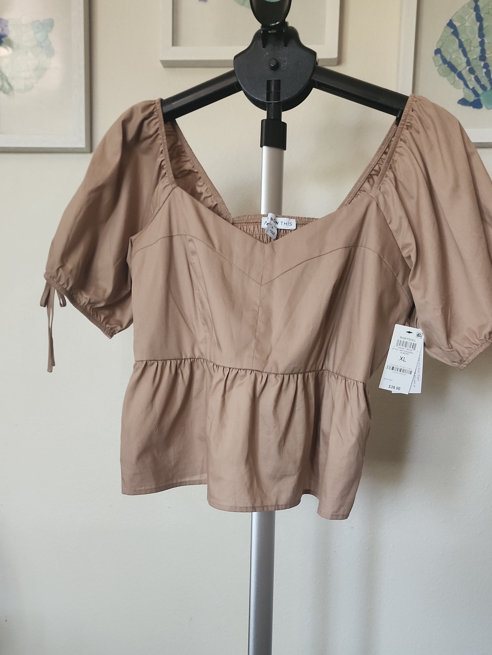 Square-Neck Peplum Blouse in Taupe